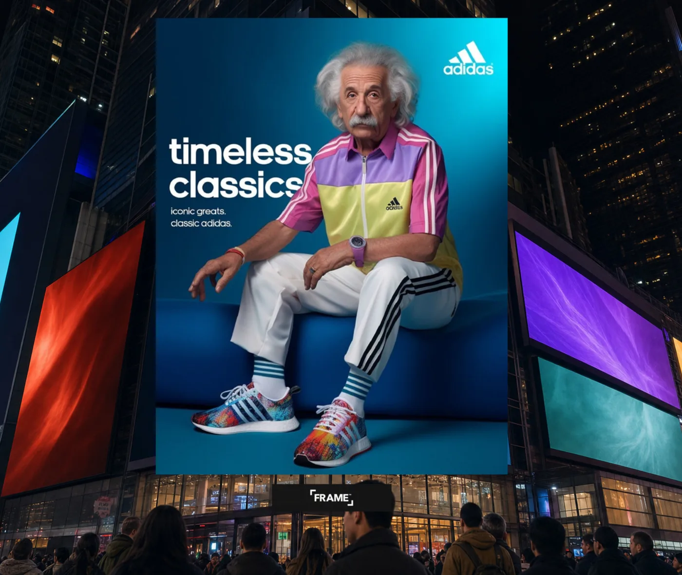 adidas Einstein creative on a corner LED wall at night, FRAME nameplate bottom-center on the bezel