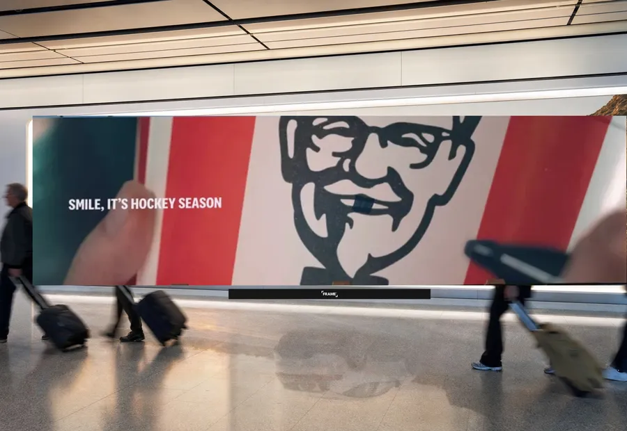 KFC hockey-season creative on an airport concourse wallscape, FRAME nameplate bottom-center on the rail