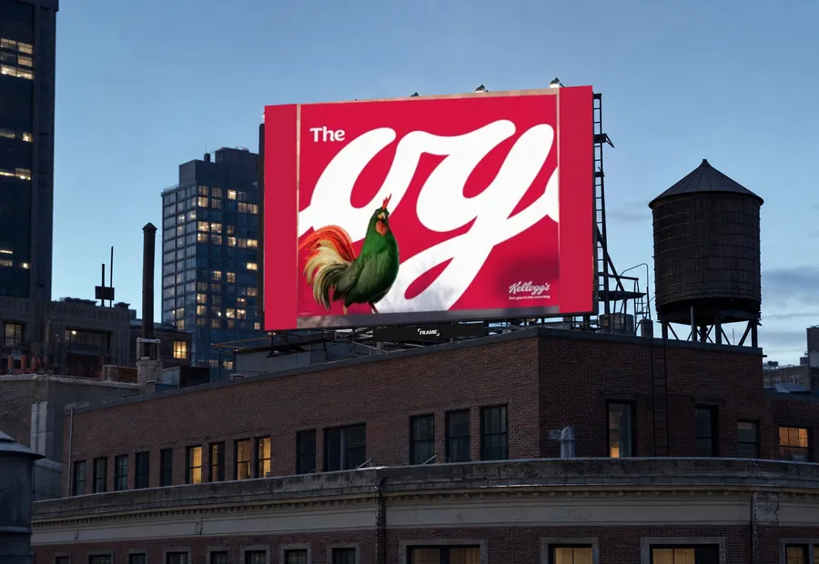 Kellogg's rooster creative on a rooftop billboard at blue hour, FRAME nameplate bottom-center on the frame