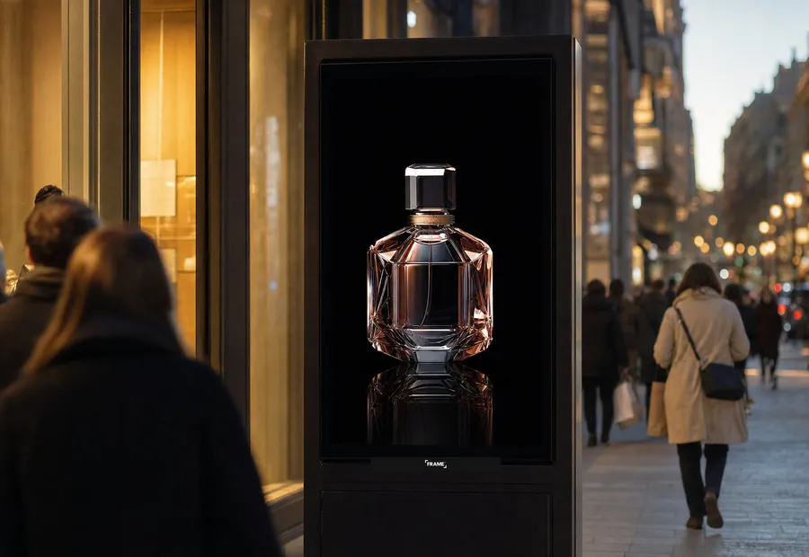 A fragrance campaign running on a street level digital kiosk at evening, the FRAME nameplate centered under the screen