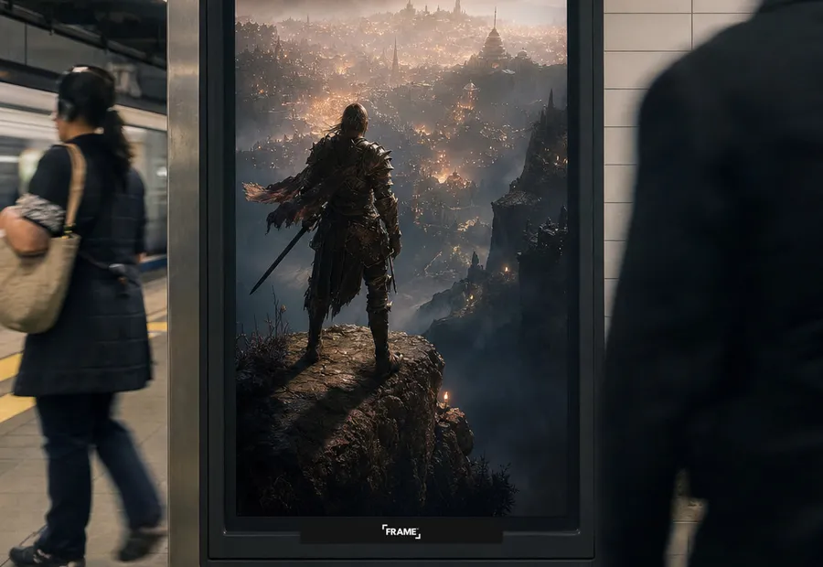 A video game launch running on a subway platform digital panel, the FRAME nameplate centered under the screen